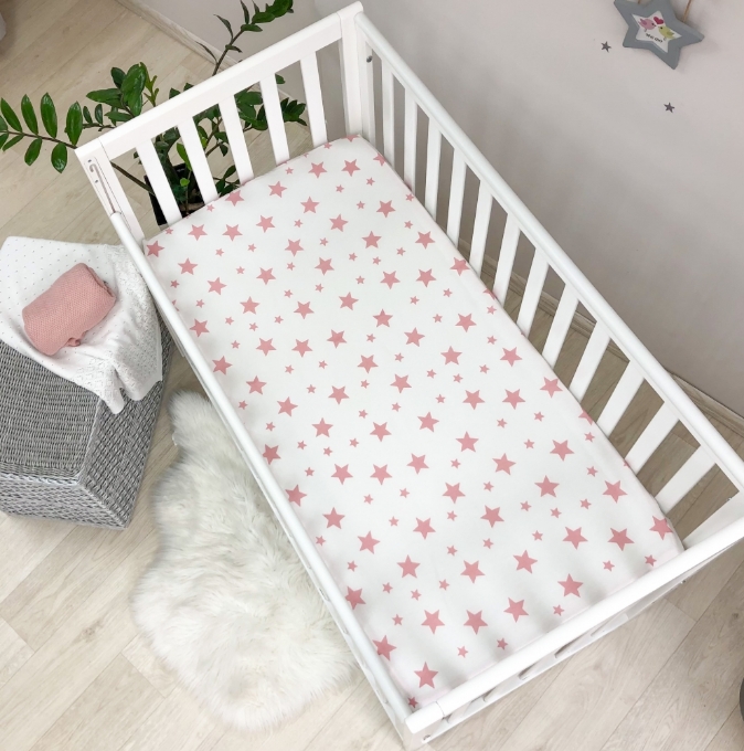 Husa saltea patuț bebe copii din bumbac 120 x 60 cm, Stelute roz (1)